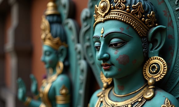 Ancient Hindu deity statue intricate bronze sculpture teal photo