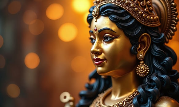 Golden Hindu deity statue intricate ornate headdress serene photo