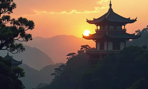 Traditional Chinese pagoda sunset landscape silhouetted trees golden photo