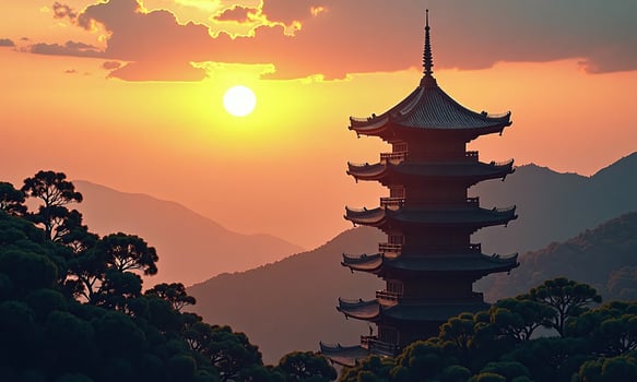 Traditional Chinese pagoda sunset landscape silhouetted trees golden photo