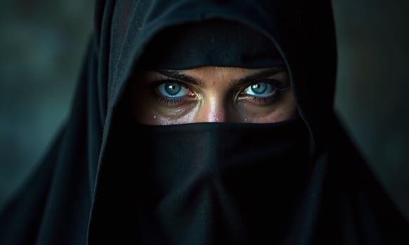 Striking blue eyes black niqab dramatic lighting intense photo