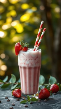 Refreshing strawberry milkshake served in a tall glass with striped straws and fresh strawberries in a natural setting photo