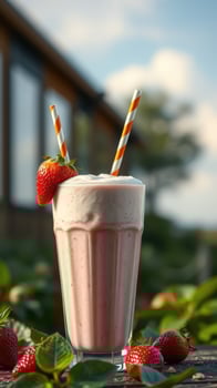 Refreshing strawberry milkshake served in a tall glass with striped straws surrounded by fresh strawberries outdoors photo