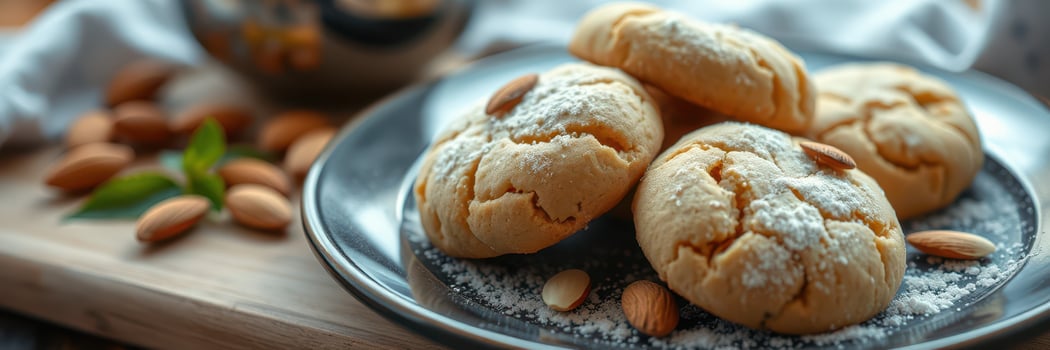 Freshly baked almond cookies arranged on a decorative plate with almonds and powdered sugar for a delightful treat photo