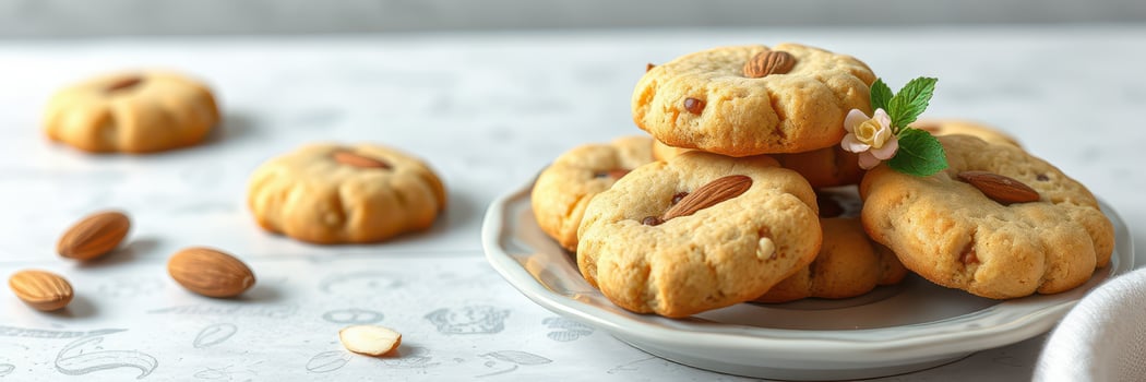 Almond cookies on a plate with scattered nuts and mint leaves in a bright kitchen setting photo