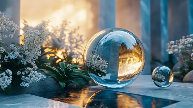 Glass sphere is surrounded by a field of white flowers. The sphere is reflecting the sun and the flowers in the water photo