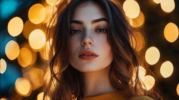 Woman with brown hair and brown eyes is standing in front of a lighted background. The light is creating a blurry effect around her face, making her look like she is in a dream photo
