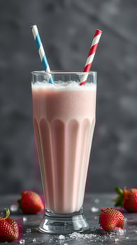 Delicious strawberry milkshake served in a classic glass with vibrant straws and fresh strawberries nearby photo