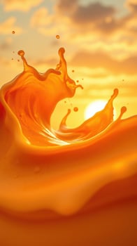 Vibrant splash of orange liquid capturing the glow of a sunset with dynamic waves and droplets in a serene atmosphere photo