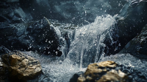 Stream of water is flowing over a rock. The water is small and clear, and it is falling from a height. The scene is peaceful and serene, with the sound of the water creating a calming atmosphere photo