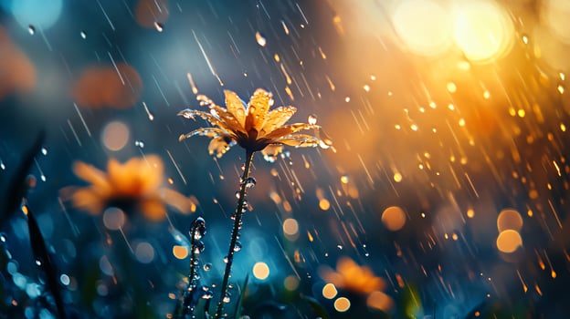 Flower is in the rain with a blurry background. The flower is surrounded by other flowers and the rain is falling on them photo