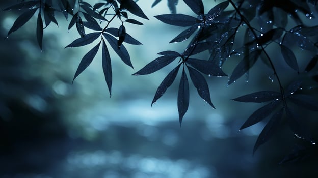 Leafy branch with a blue sky background. The leaves are wet and the sky is dark photo