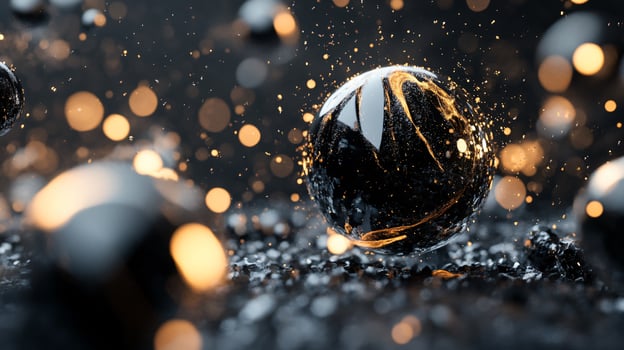Black ball with a shiny surface is surrounded by a lot of glitter. The ball is the main focus of the image, and the glitter adds a sense of movement and energy to the scene photo