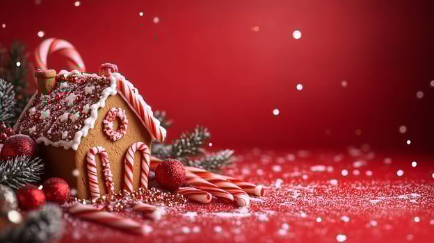 With a vibrant red background and a gingerbread house photo