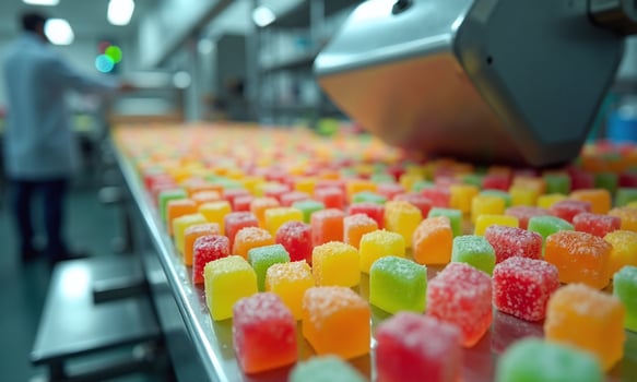 Colorful gummy candies vibrant fruit flavored jellies conveyor photo