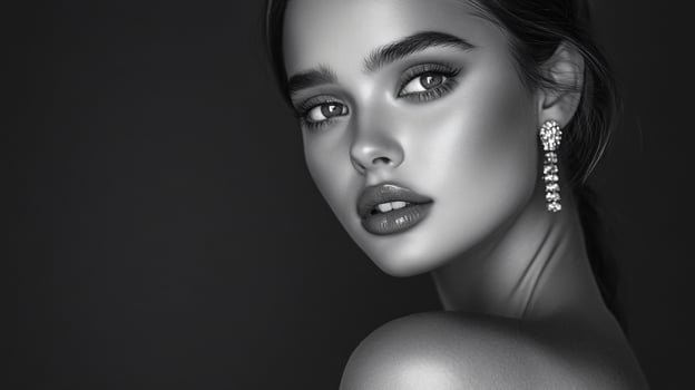 Woman with long dark hair and a black background. She is wearing earrings and has a red lip photo
