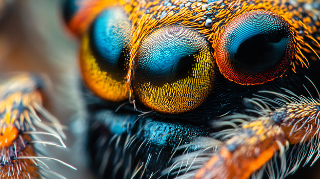 Close up of a spider's face with blue and yellow eyes. The spider's eyes are large and colorful, giving it a unique and interesting appearance photo