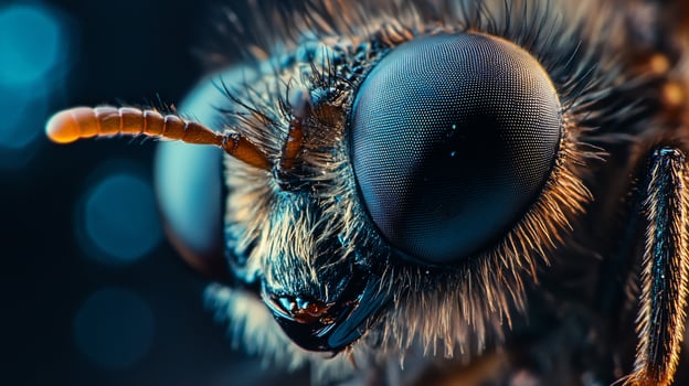 Close up of a bug's face with a blurry background. The bug has a long, pointy nose and a pair of large, black eyes photo