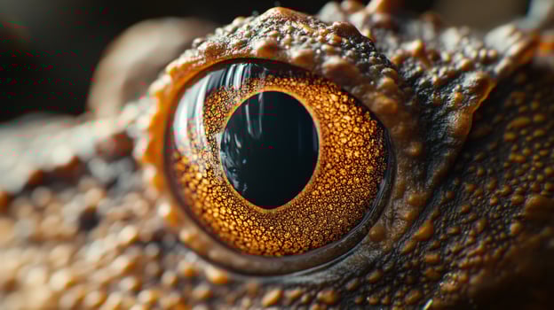 Close up of a lizard's eye with a black pupil. The eye is surrounded by a brown iris and has a dark brown rim photo