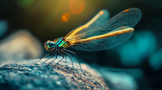 Dragonfly is sitting on a rock. The dragonfly is blue and yellow. The rock is gray photo