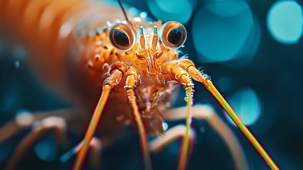 Close up of a crab with its eyes open. The crab is orange and has a long, thin body photo