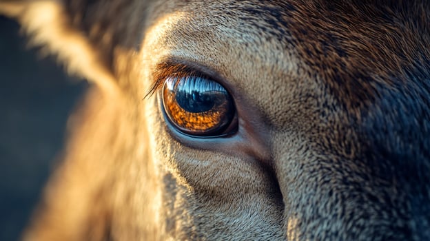Close up of a deer's eye with a reflection of the sun in it. The eye is brown and the reflection is orange photo