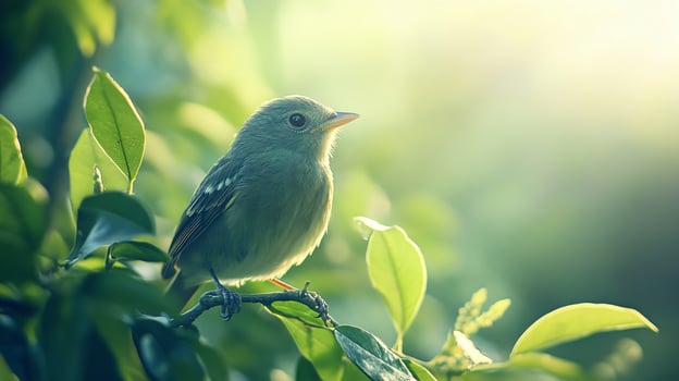 Small bird is perched on a leafy branch in a lush green forest. The sunlight is shining through the leaves, creating a peaceful and serene atmosphere photo