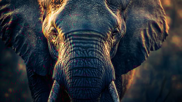 Close up of an elephant's face with a dark background. The elephant's eyes are open and it is looking at the camera photo