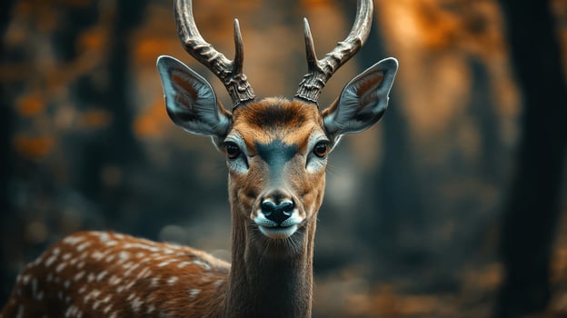 Deer with antlers is standing in a forest. The deer is brown and white with a brown face photo