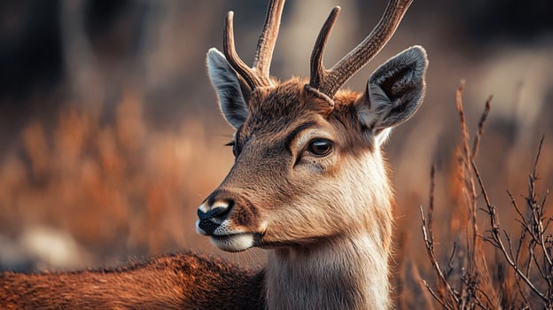 Deer is standing in a field with brown grass. The deer has brown antlers and is looking at the camera photo