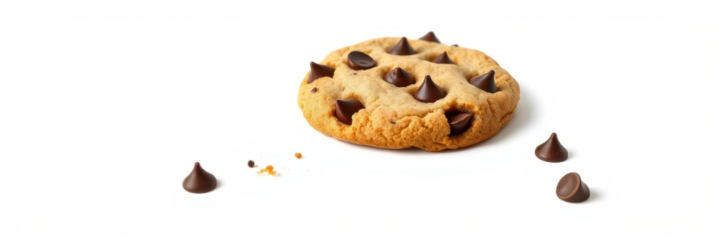 Delicious chocolate chip cookie with chocolate morsels scattered on a white background photo