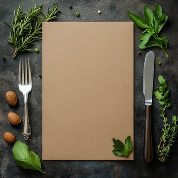 A blank menu with herbs and spices on a dark background photo