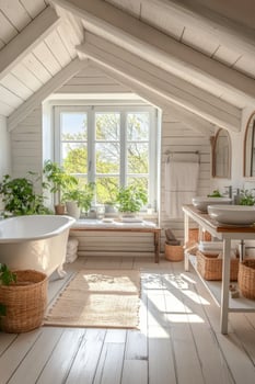 An attic bathroom with a tub and a window photo