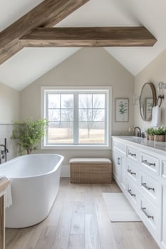 A large bathroom with a large tub and wooden beams photo