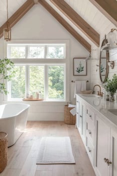 A white bathroom with wooden beams and a tub photo