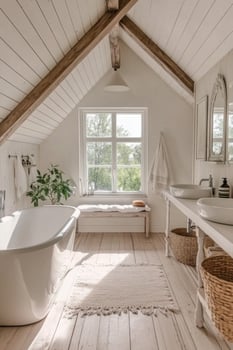 A bathroom with a wooden ceiling and white walls photo