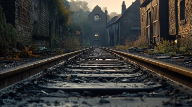 A train track is shown in a city photo