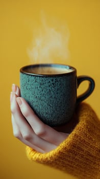 A person holding a cup of coffee on a yellow background photo