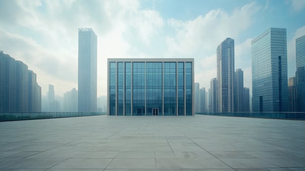 A large building in front of a city skyline photo