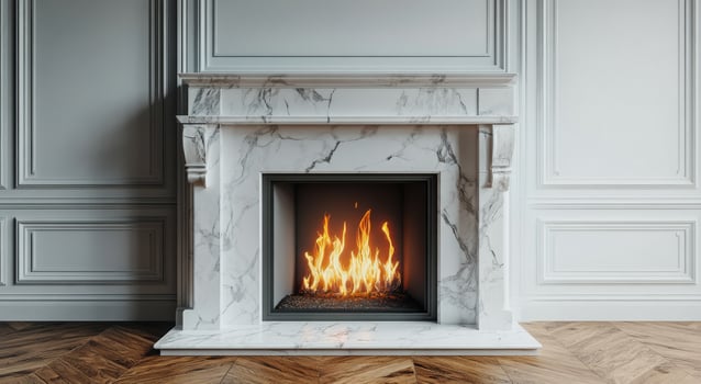 A fireplace with a marble mantle and a wooden floor photo
