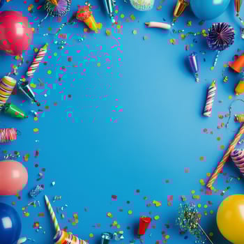 Colorful birthday party decorations on blue background photo