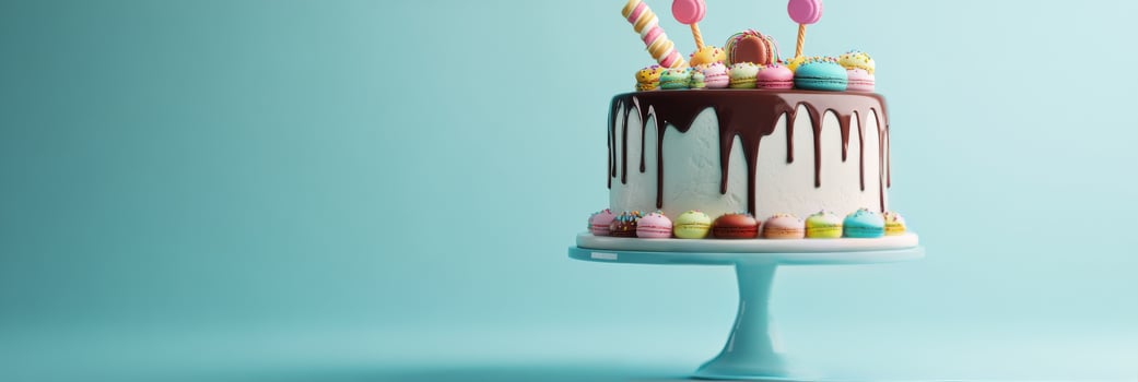 A cake with chocolate icing and candies on top photo
