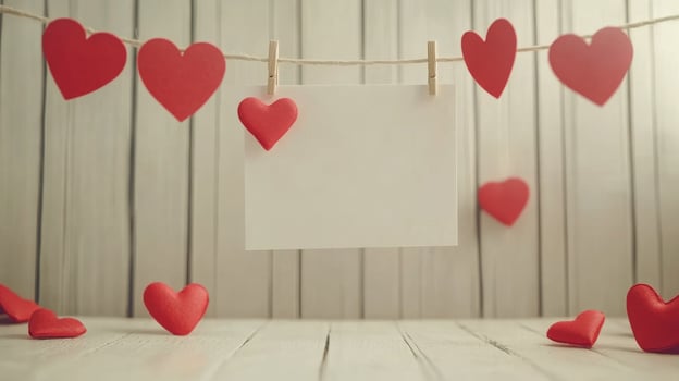 A white paper with red hearts hanging from a clothesline photo