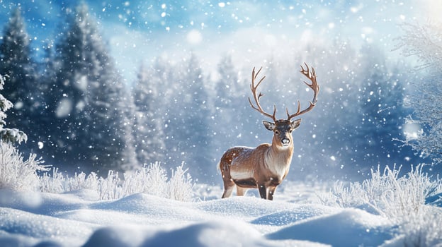 A deer stands in the snow with its antlers up photo