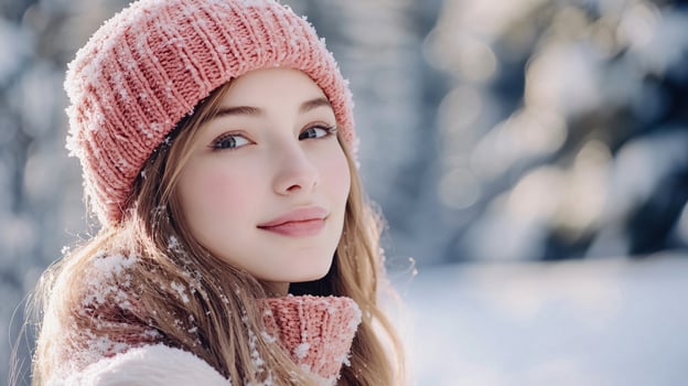 A woman wearing a pink hat and scarf is smiling at the camera photo