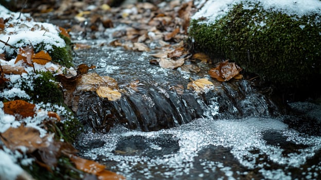 A stream of water with leaves and snow on the ground photo