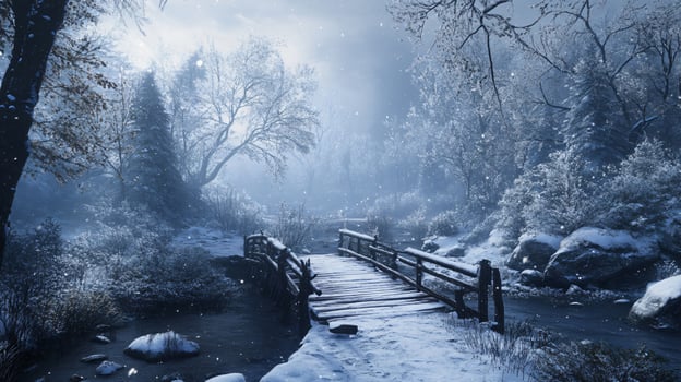 A snowy forest with a bridge over a river photo