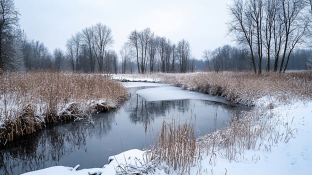 A snowy landscape with a river and trees photo