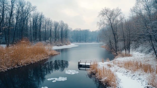 A lake with a dock and a snowy forest in the background photo