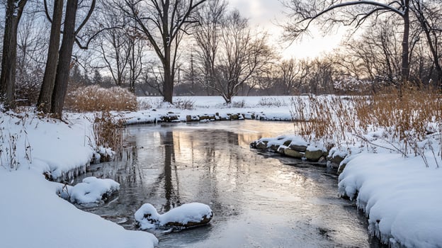 A snowy landscape with a river and trees photo